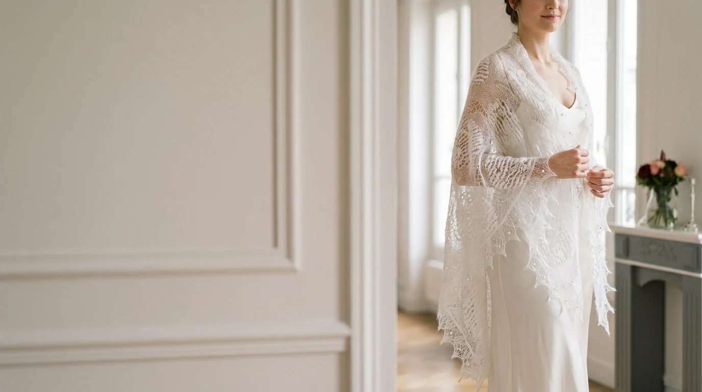 Mariée dans un salon parisien, châle de dentelle de kid mohair blanc sur les épaules