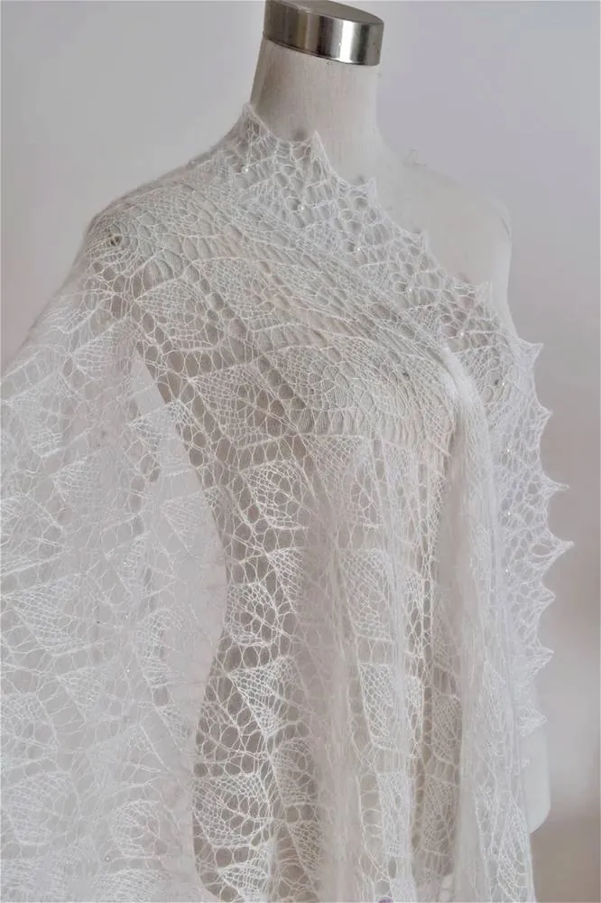 Châle dentelle "Petit rombe blanc" en kid mohair blanc sur soie