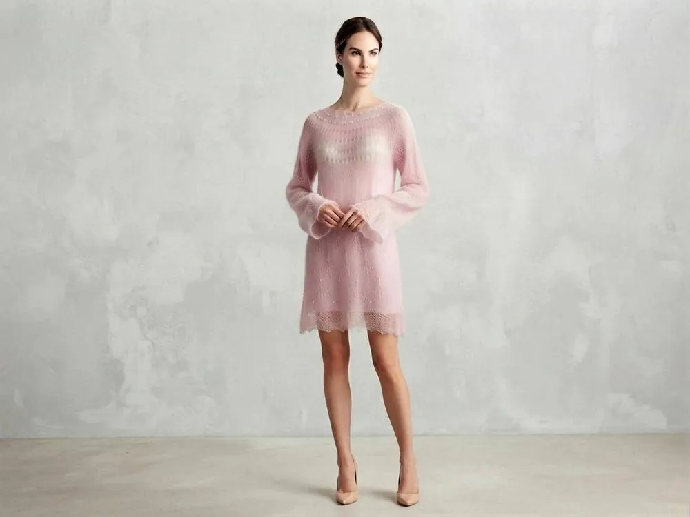 Robe-tunique "Rose poudré" en kid mohair sur soie