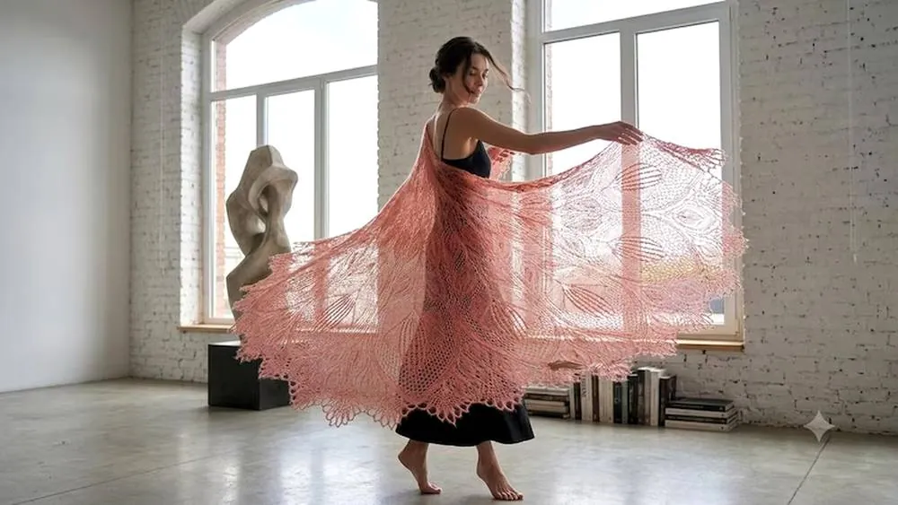 Châle dentelle "Royal" tricoté à la main en kid mohair sur soie en couleur corail