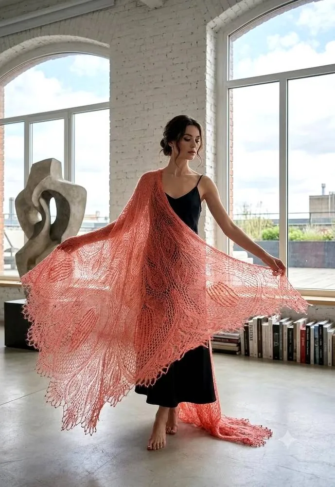 Châle dentelle "Royal" tricoté à la main en kid mohair sur soie en couleur corail