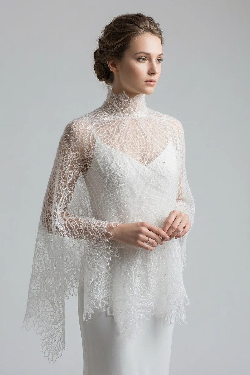 Châle "Anna Cute" en kid mohair blanc sur soie et perles blanches