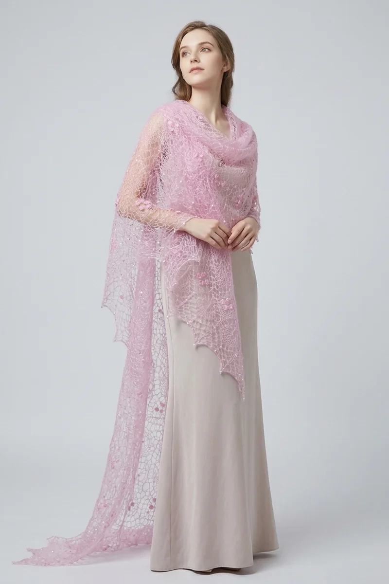 Châle "La vie en rose" en kid mohair sur soie et perles blanches